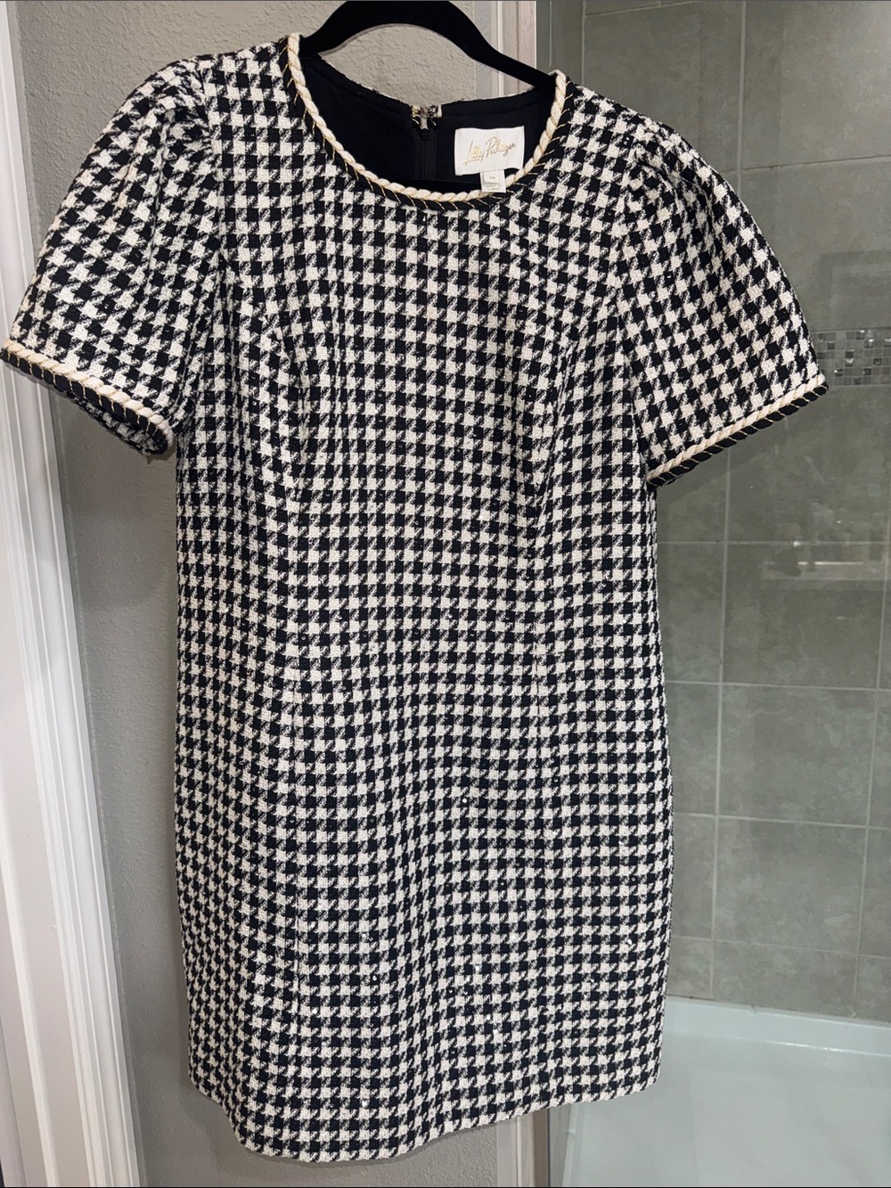 Lilly Pulitzer Doriane Boucle Tweed Houndstooth Sequin Shift Dress Size 14